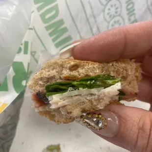 a hand holding a half eaten sandwich