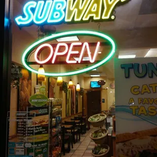 the entrance to a subway restaurant