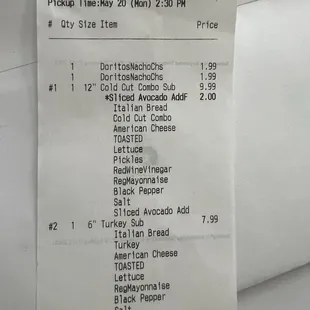 A receipt of everything that should've came on the sandwich.