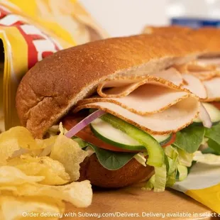 a sandwich and chips on a table