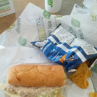 a sandwich and chips on a table