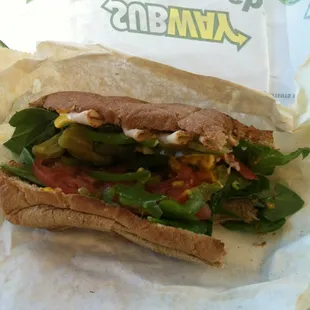 Turkey 6inch with wheat bread, veggies, pepper jack, mayo and mustard. Yum!