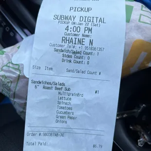 a receipt for a subway digital ticket