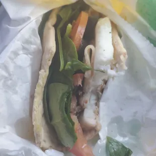 Turkey, egg white and cheese, on flat bread....also came with a free 16 oz. drink