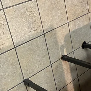 Flies on the tile right by the handicapped table, dead. I kicked them into this little pile to make sure they weren't still struggling/alive