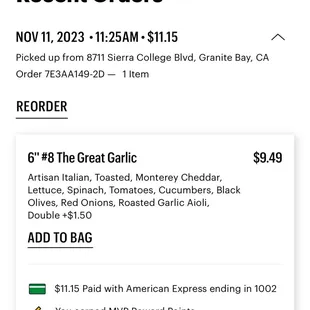 my previous order of #8 at a different location