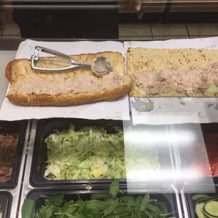 a variety of food items on a counter