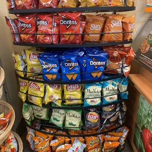 a display of chips and other snacks