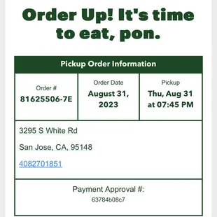 the order for a pickup order