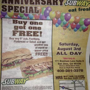 8/3/13 all day 6" BOGO Free