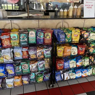 a display of chips and snacks