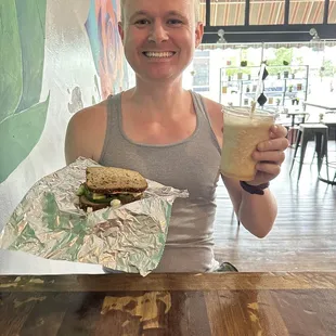 Veggie sandwich and banana smoothie