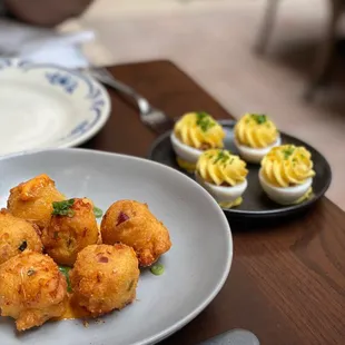 Deviled eggs with bacon jam. Hush puppies