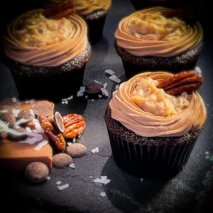 Try our decadent German Chocolate Cupcakes with candied pecans, Swiss chocolate buttercream, and dark chocolate ganache.