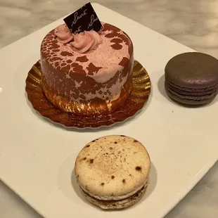 Raspberry mousse, black citron and cafe au lait macaroons