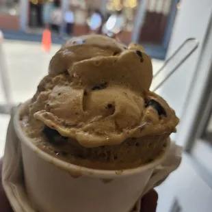 Gelato: Toasted Almond (bottom), Salted Caramel Brownie (top)