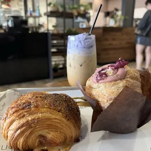 Ham and cheese croissant, raspberry rose croissant, lavender latte