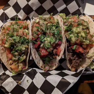 Tacos, fully loaded, chicken, chorizo, beef