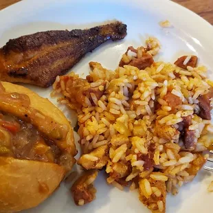 Split portion blackened fish, jambalaya and shrimp pistolette