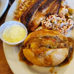 Blackened catfish over jambalaya &amp; pistolette