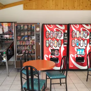 Arcade games, a snack machine, drink machine, coffe/cocoa machine and lottery machine.
