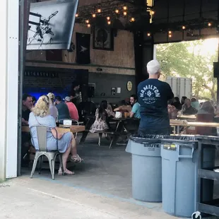 View of comedy stage from outside patio table