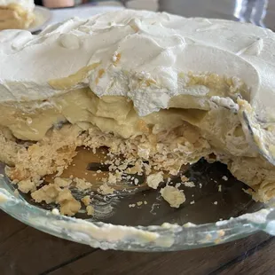 Inside of banana cream pie w whipped cream