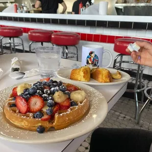Belgian Waffles With Fresh Fruit and homemade corn muffin