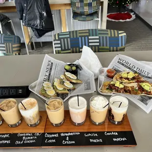 Fall and classic coffee flight, avocado toast with egg added and breakfast tacos. Yum!