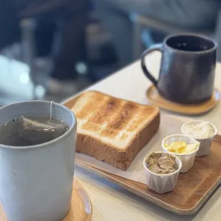 Genmaicha, pour over coffee, and toast with spreads (Earl Grey jam, garlic &amp; chives, salted butter)