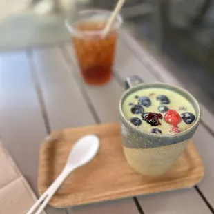 My go to here. Cold matcha granola and a rose tea.  Yum and yum!