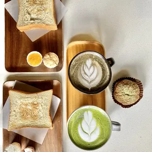 Toast with spread, charcoal latte, matcha latte, matcha cream puff