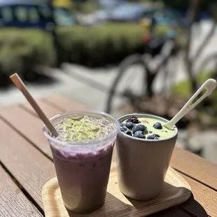 Iced Ube matcha and a cold matcha and fruit granola.  Deeeelish!