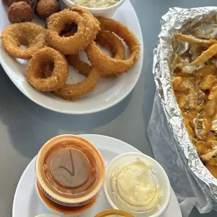 Pork bbq and onion rings