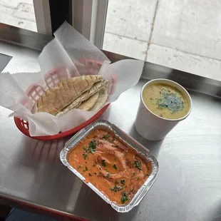 Red Pepper Hummus with pita bread and lentil soup