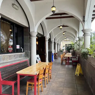 Outdoor seating by the front entrance