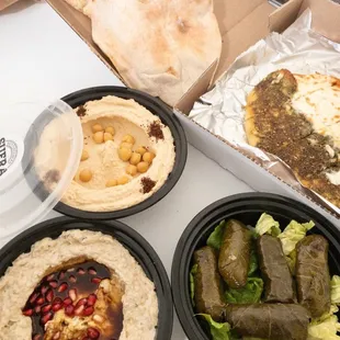 E11 - Pita Bread, M3 - Jibneh Bel Zataar, E8 - Grape Leaves, E3 - Baba Ghanouj, E1 - Hummus