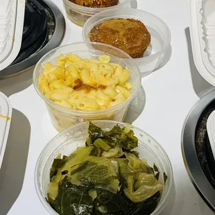 collard greens and cabbage mix, Pepper Jack macaroni and cheese and Honey Butter Corn Muffin
