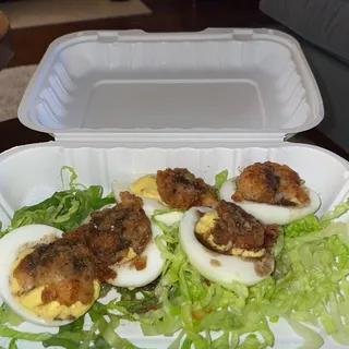 Devilish Eggs w/ Jerk Fried Shrimp
