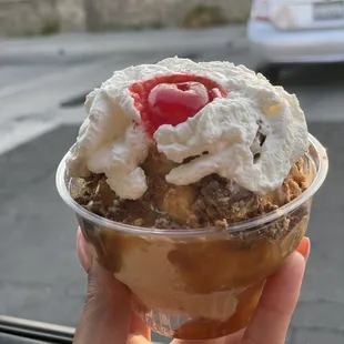 Peanut Butter Sundae, caramel sauce and Reese topping