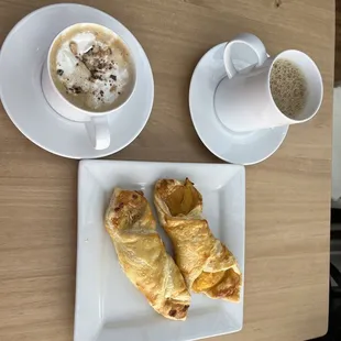 Almond joy coffee, house coffee, bacon and Brie croissant, and apricot croissant