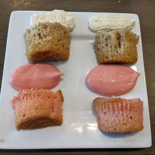 Strawberry cupcake and strawberry cheesecake frosting. Chai latte cupcake with chai frosting.