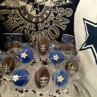 a tray of chocolate covered footballs