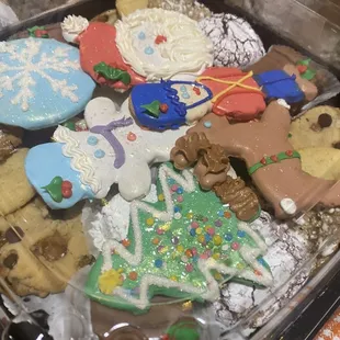 a tray of decorated cookies