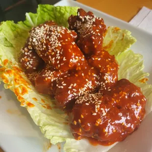 Spicy fried chicken appetizer.  Really good.  Medium is very spicy so if you want hot, I&apos;d say medium takes care of that!