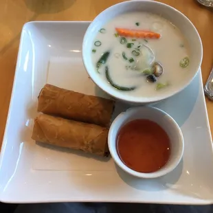 Vegetarian Tom Kha soup and veggie spring rolls