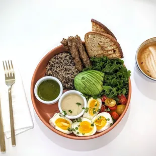 Brekkie Bowl - Quinoa, Kale, Medium Eggs, Avocado, Tomatoes, Turkey Sausage, GF Toast