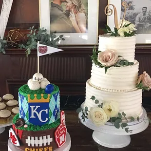 Sports themed groom's cake and textured buttercream wedding cake
