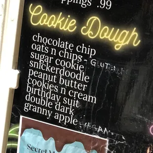 Cookie dough menu