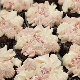 chocolate cupcakes with pink and white frosting